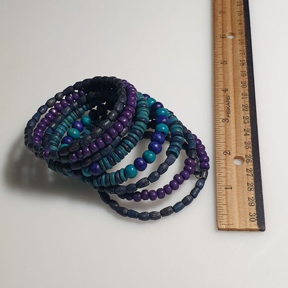 Wooden Beaded Bracelet Set Purple Teal Blue Handmade Stretch Stackable Boho Gift - Picture 4 of 4